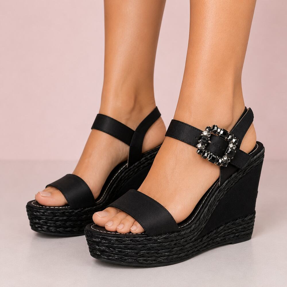 Alma en Pena Womens 39 US 8 Black Satin Jeweled Platform Wedge Sandals